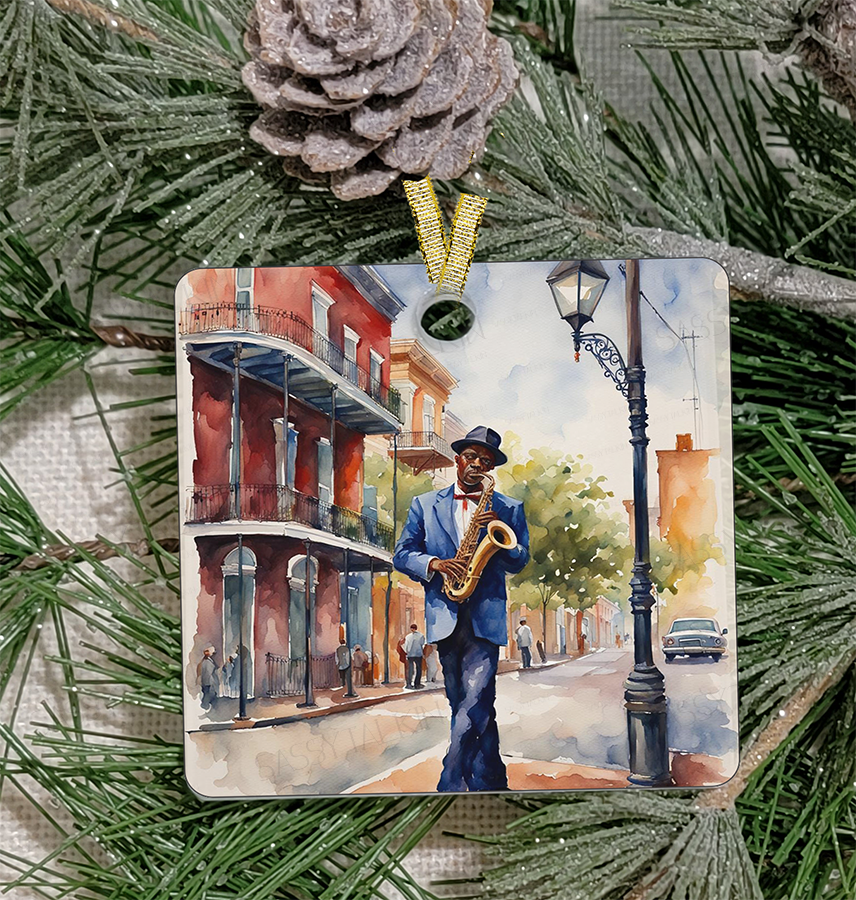 Christmas Ornament, Louisiana, Frosted Acrylic, Jazz sax player