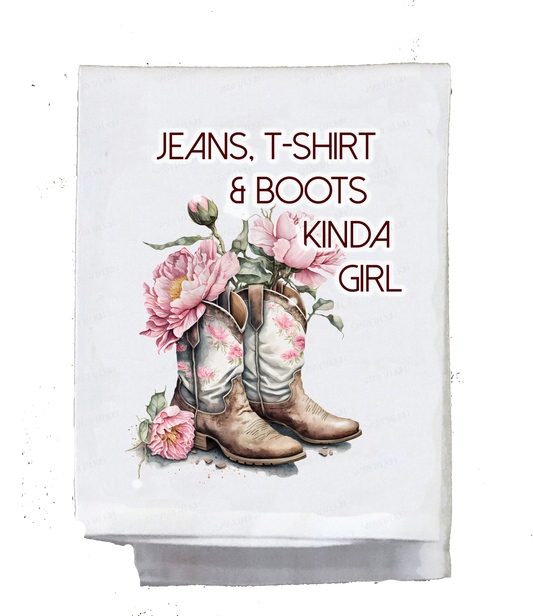 Country Dish Towel, Jeans T shirt & boots kinda girl,pink