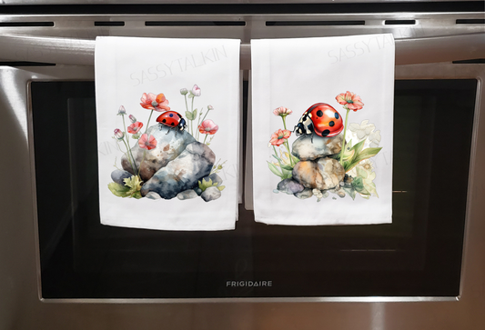 Bugs and Insects, Dish Towel, Ladybug with flowers