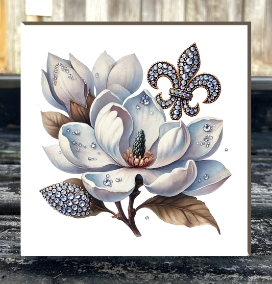 Magnolia and Fleur de Lis, 6"x6" canvas on wood plaque