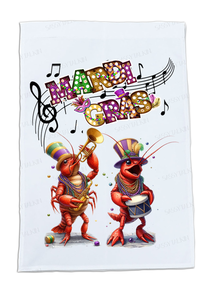 Mardi Gras, Dish Towel, Crawfish Music Men dancing and playing instruments