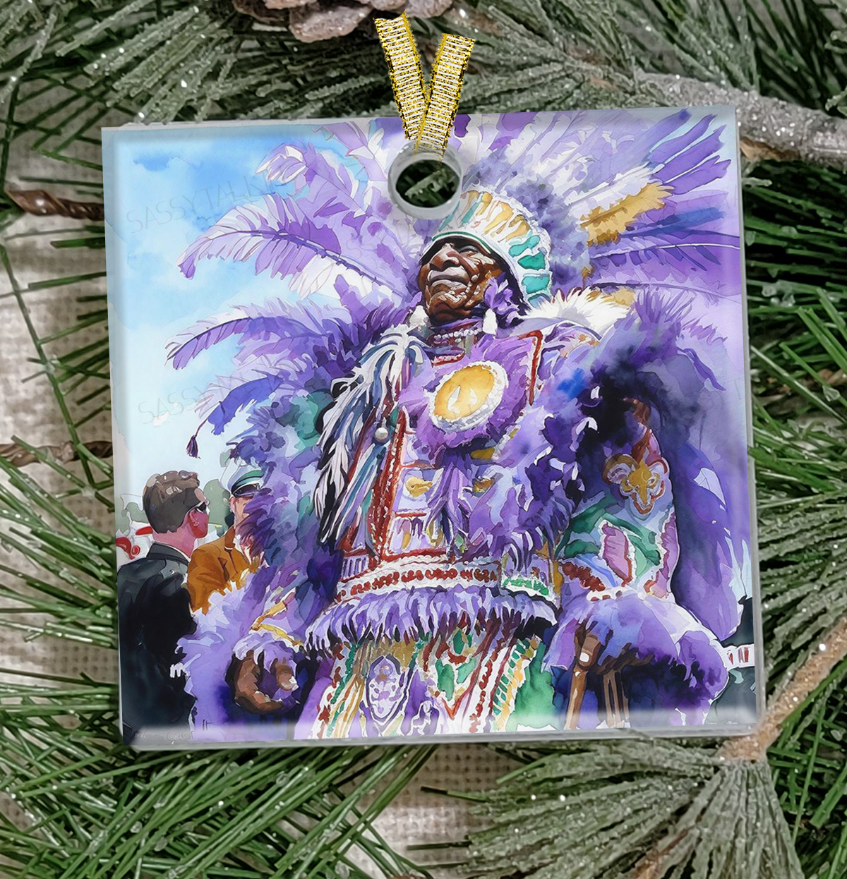 Christmas Ornament, New Orleans, Frosted Acrylic, Purple Mardi Gras Indian