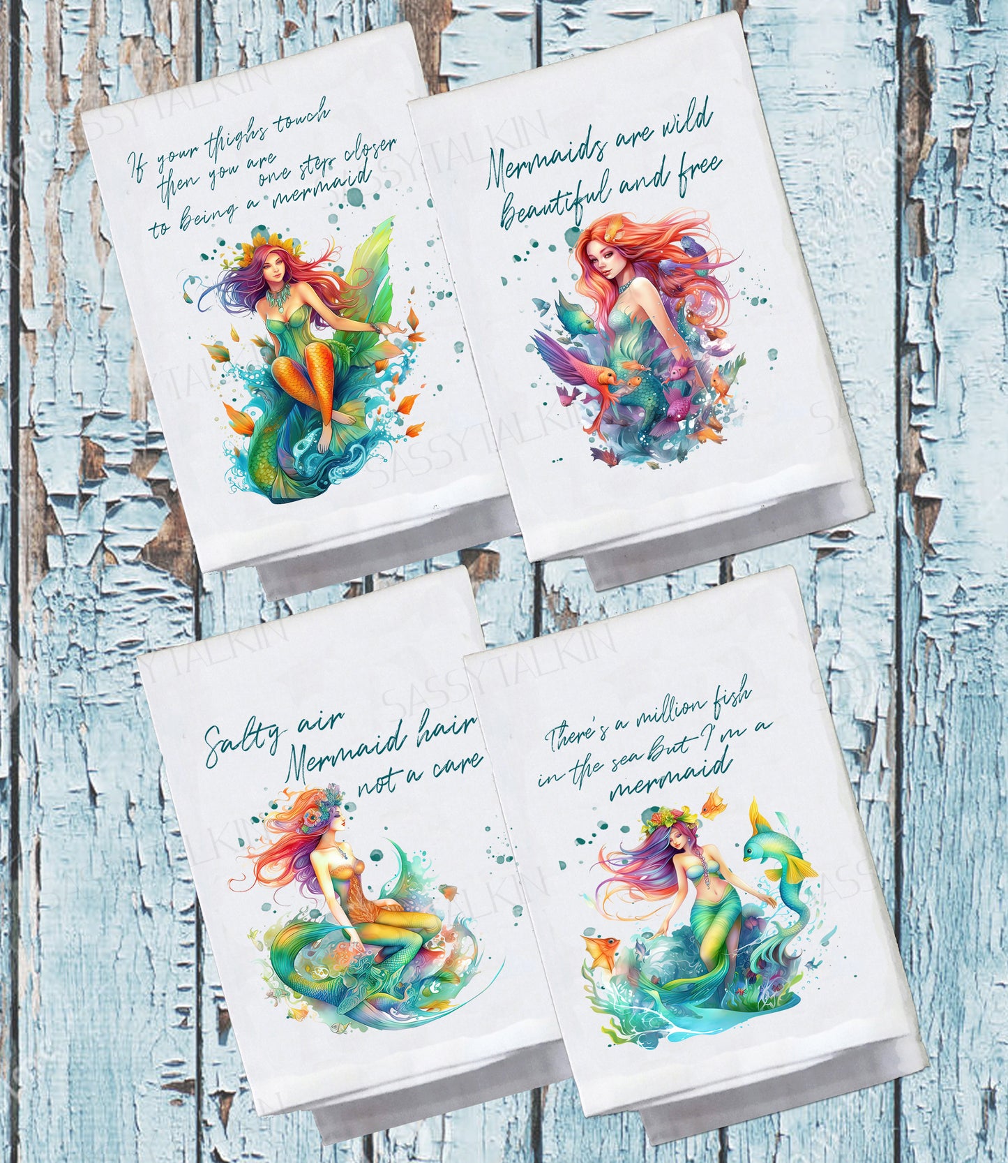 Mermaid, Dish Towel, Set of 4 Whimsical Mermaids