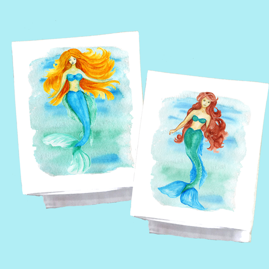 Beach Dish Towel, Mermaid set, watercolor blonde and brunette