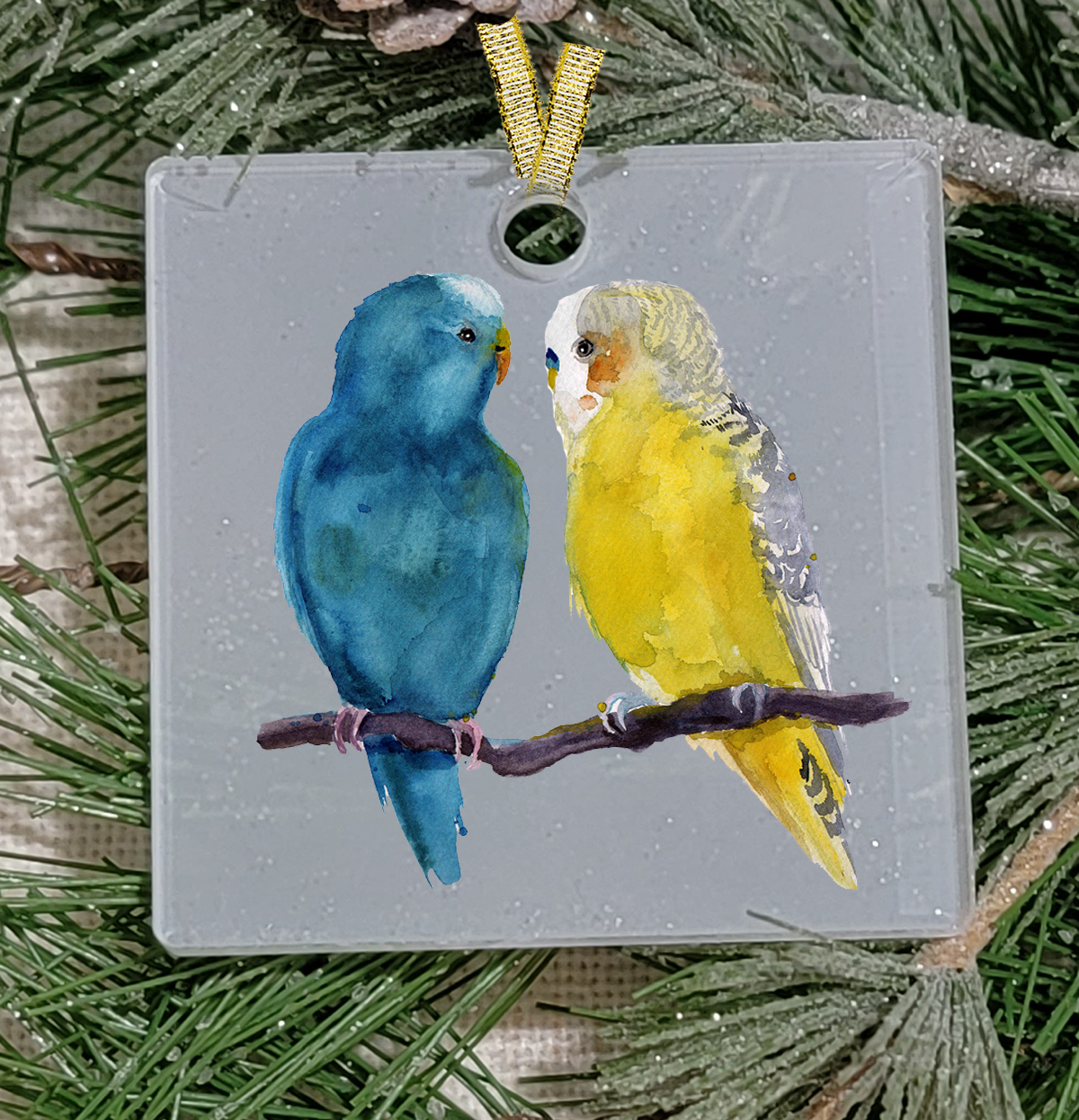 Christmas Ornament, Frosted Acrylic, Parakeets, Square, name drop available