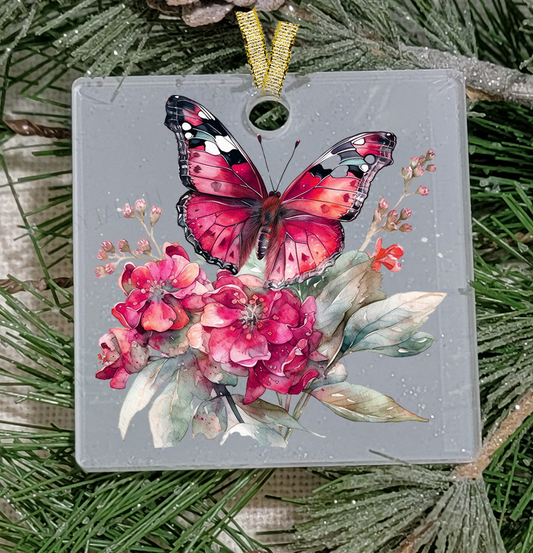 Christmas Ornament, Bug, Pink Butterfly Frosted Acrylic, name drop available