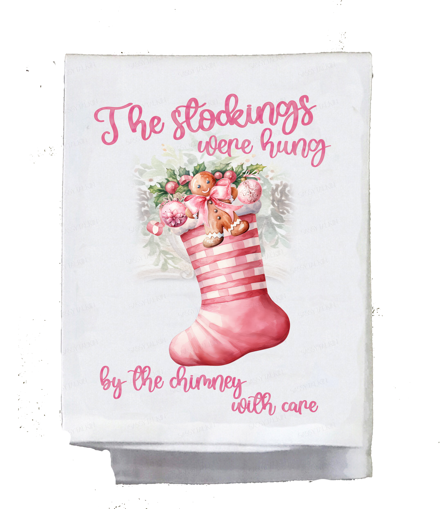 Christmas, Dish towel , The stockings were hung, pink Christmas stocking