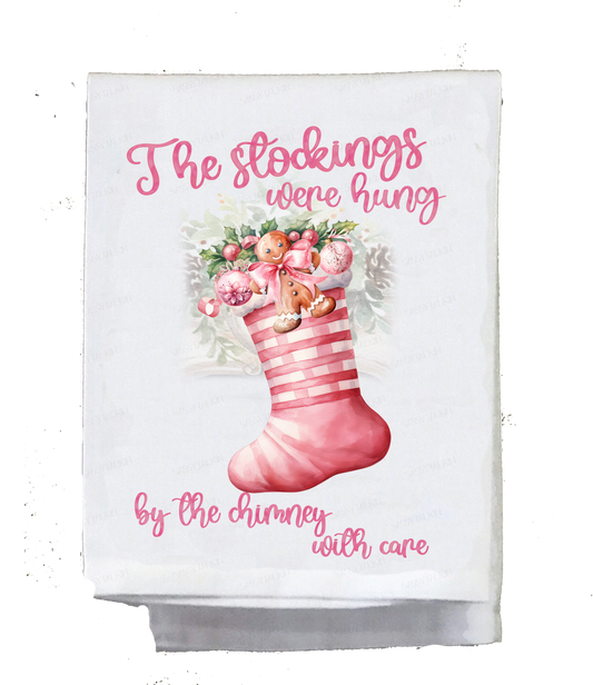 Christmas, Dish towel , The stockings were hung, pink Christmas stocking