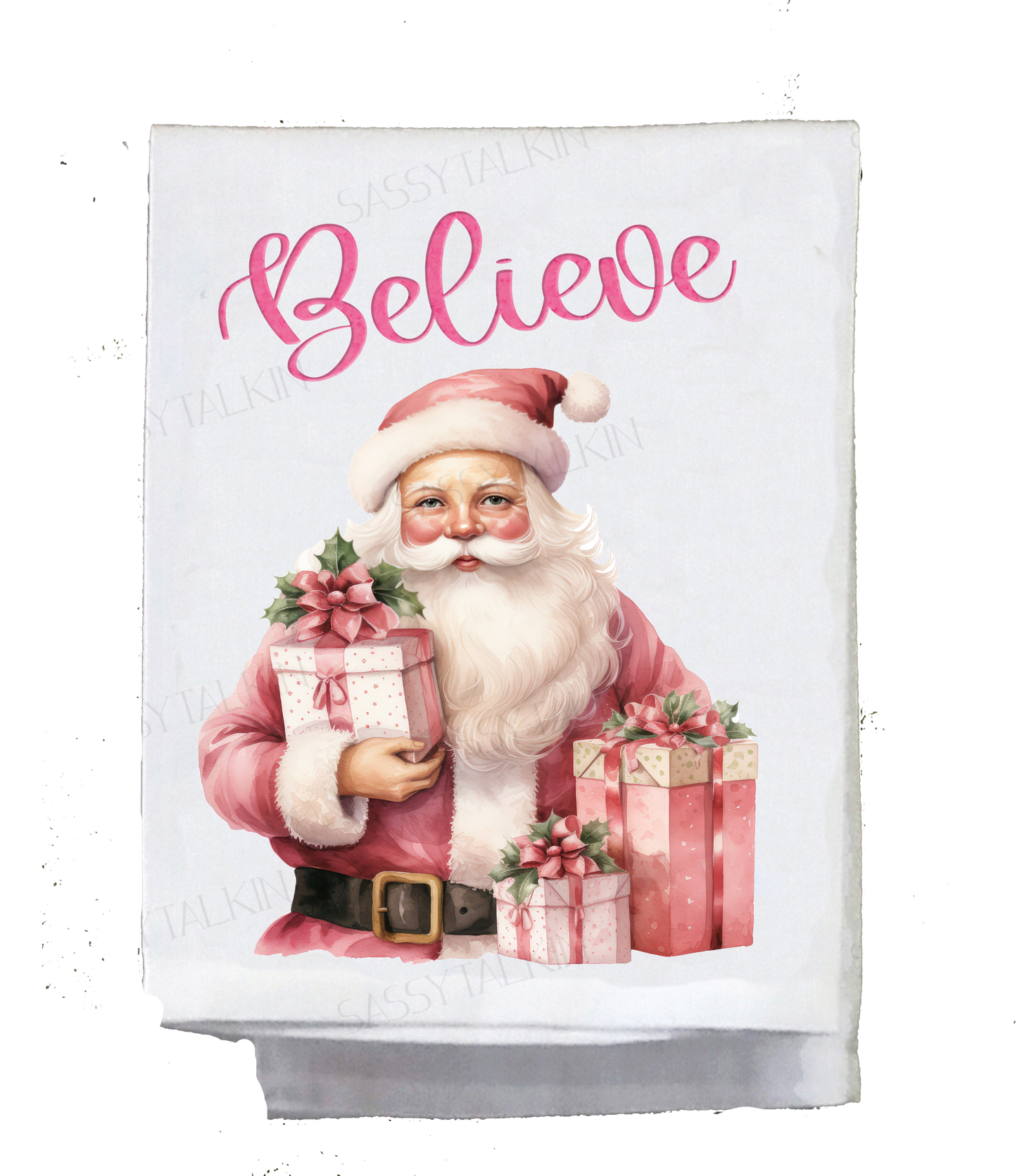 Christmas, Dish towel , Pink Santa, Believe