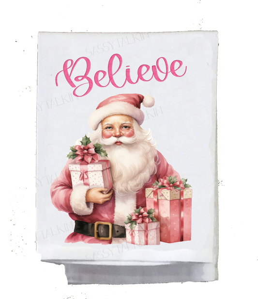 Christmas, Dish towel , Pink Santa, Believe