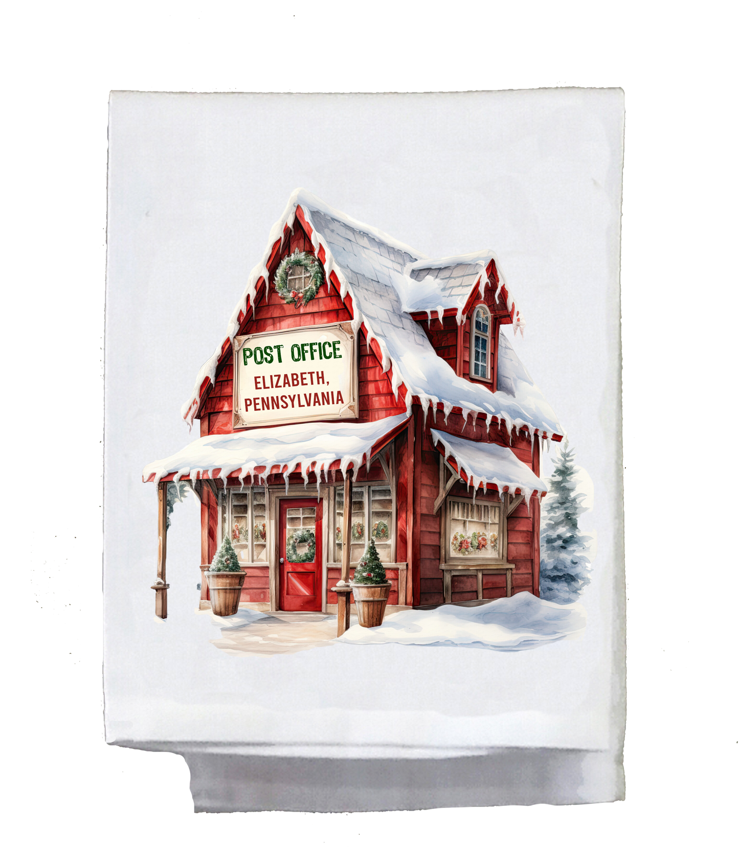 Christmas, Dish towel , Vintage Post Office, city and state