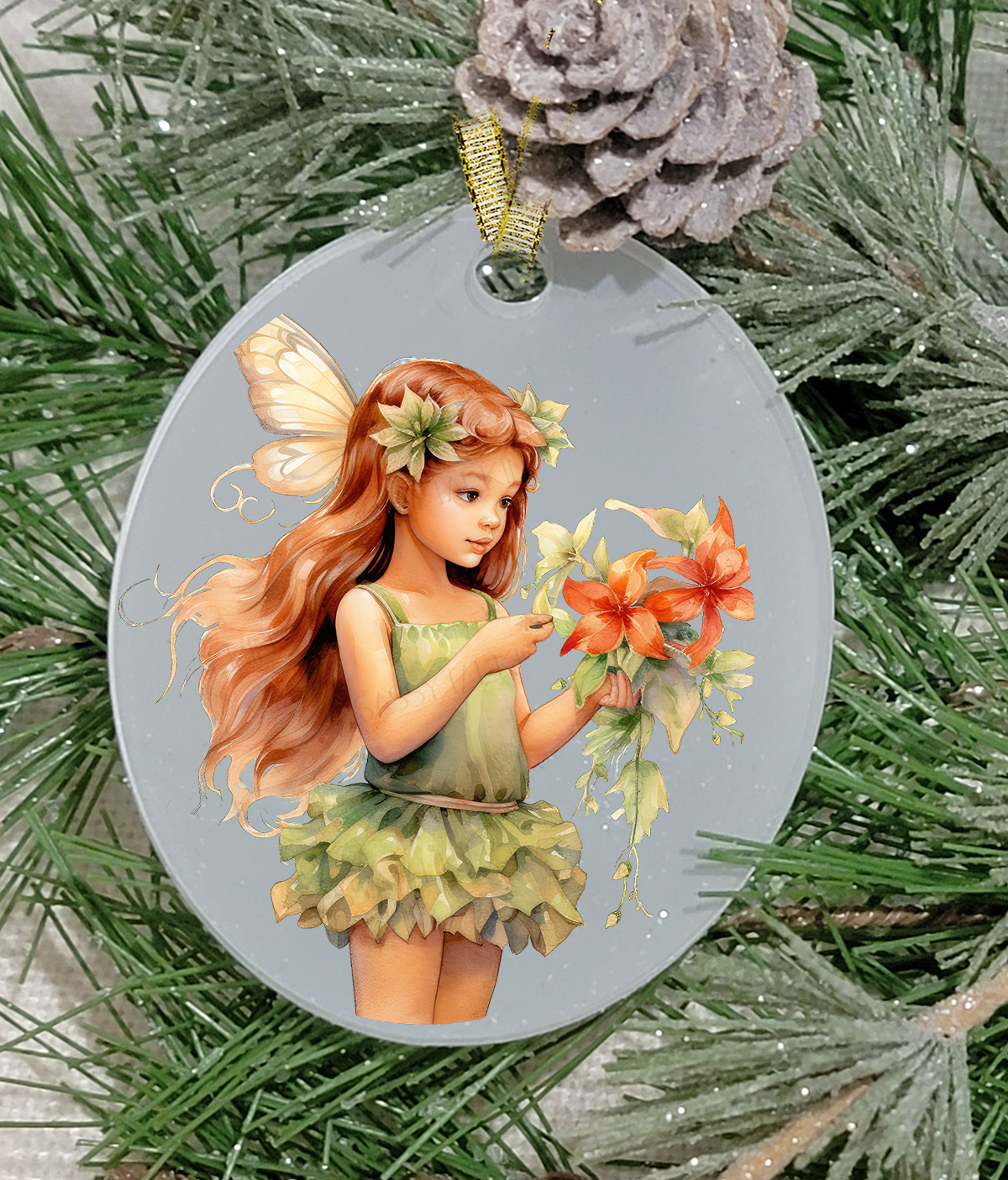 Christmas Ornament, Fairy, Red Hair Fairy, Frosted Acrylic, Oval, name drop available