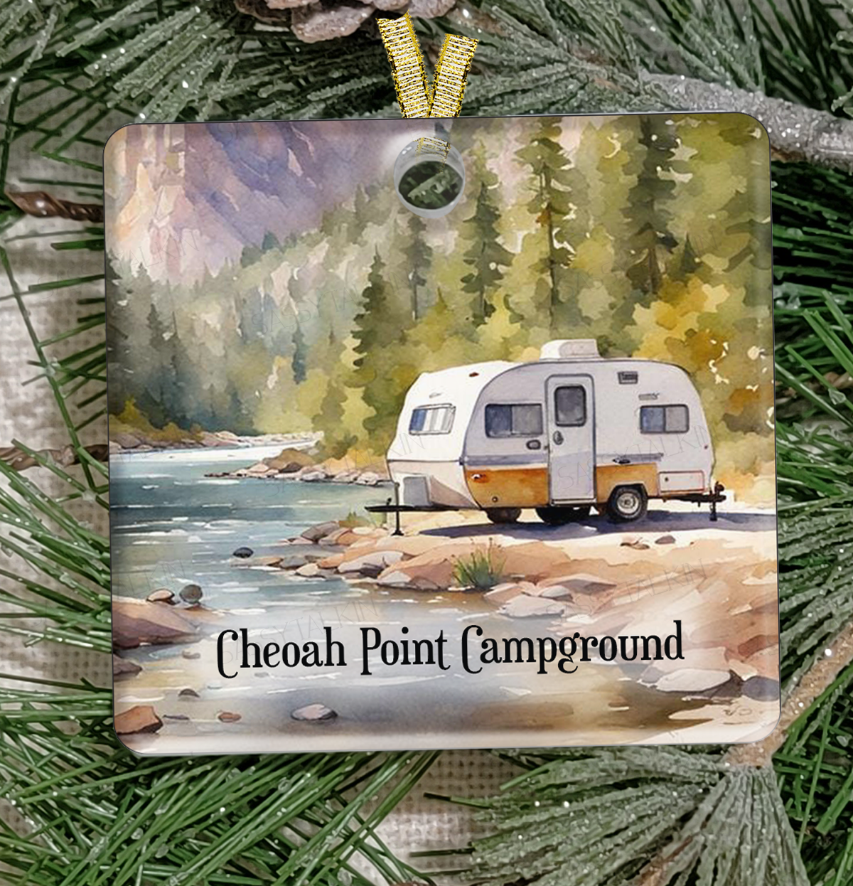 Christmas Ornament, Camping, Retro Camper by the river , Frosted Acrylic, Square, name drop available