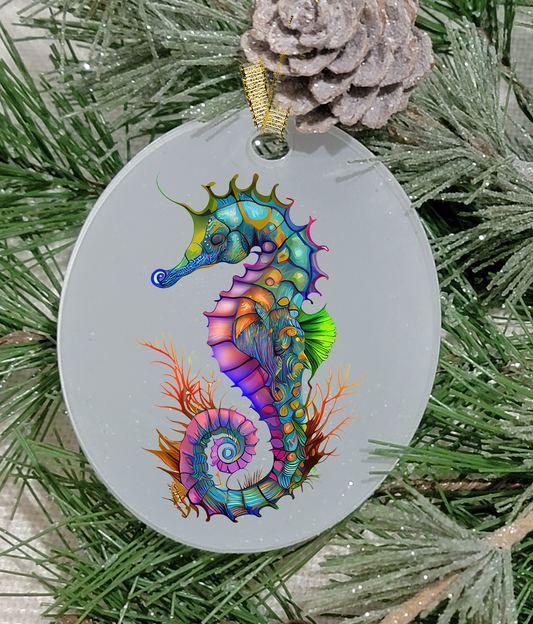 Christmas Ornament, AQU, Seahorse, Frosted Acrylic, name drop available