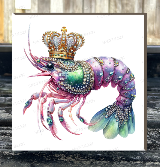 Mardi Gras, Shrimp with Crown, 6"x6" canvas on wood plaque