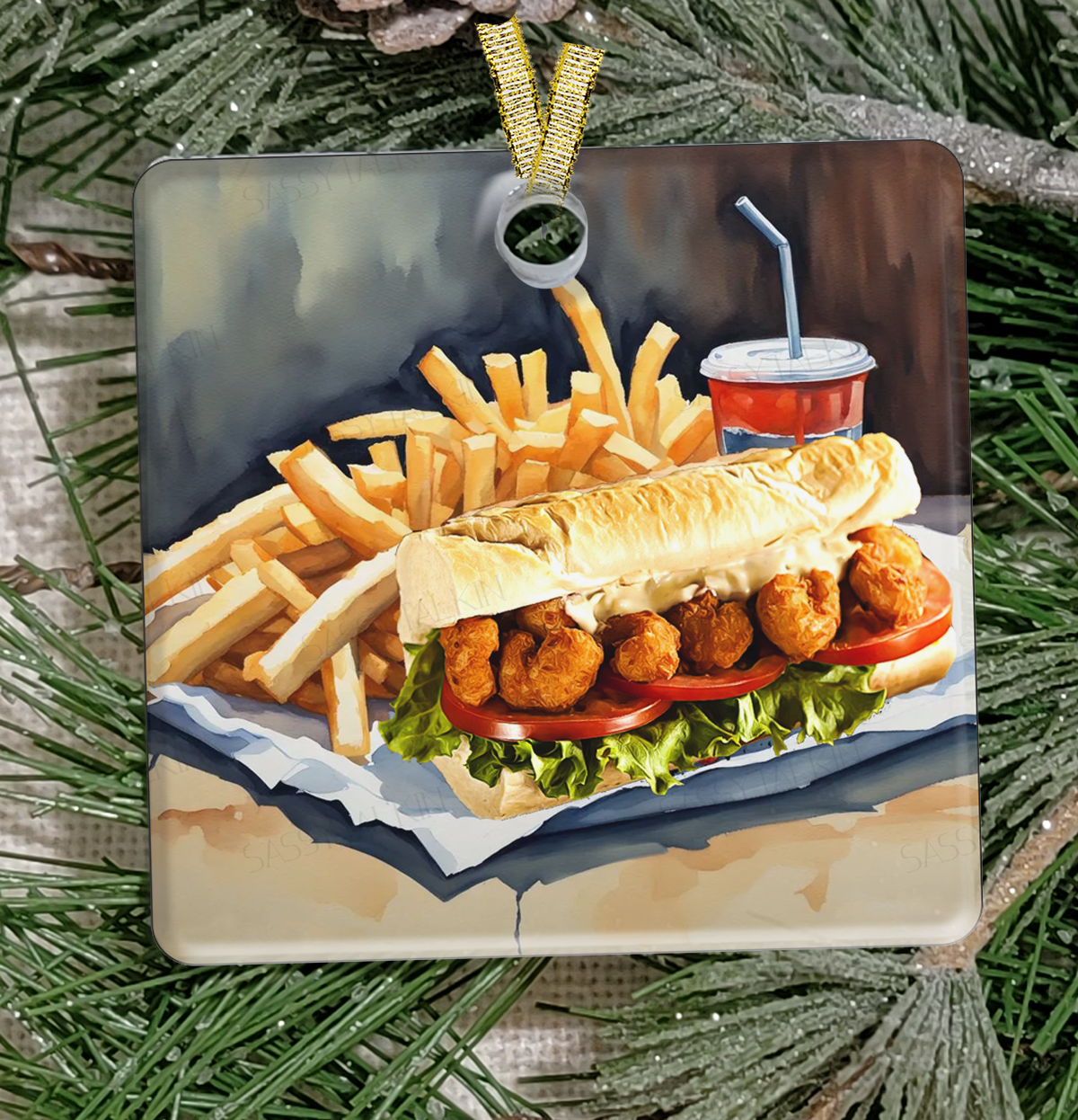 Christmas Ornament, New Orleans, Frosted Acrylic, Shrimp poboy