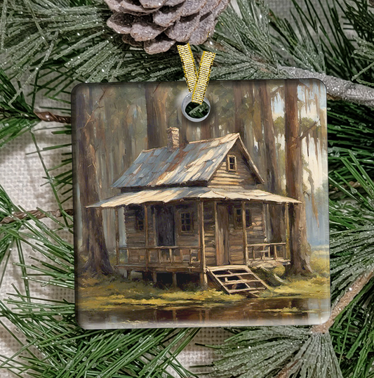 Christmas Ornament, Louisiana, Swamp cabin, Frosted Acrylic