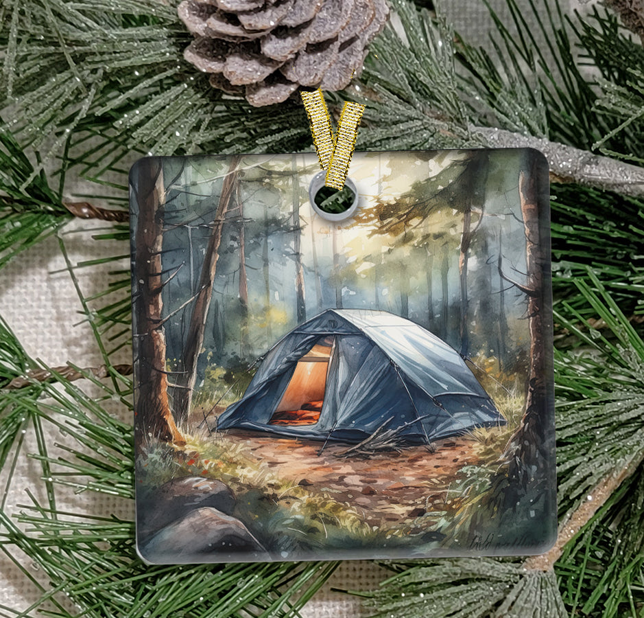 Christmas Ornament, Camping, Blue Tent , Frosted Acrylic, Square, name drop available