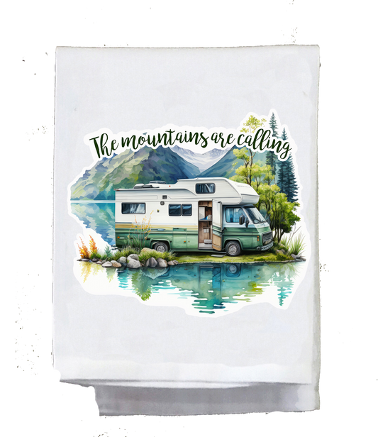 Camper Dish Towel, RV, The mountains are calling, name drop