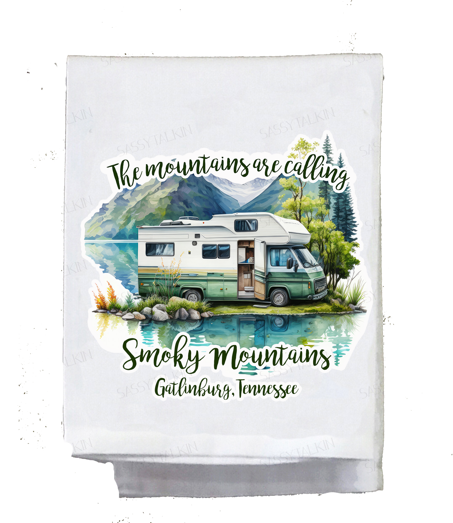 Camper Dish Towel, RV, The mountains are calling, name drop