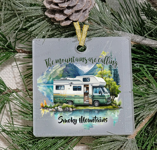 Christmas Ornament, Camping, The Mountains are calling , Frosted Acrylic, Square, name drop available