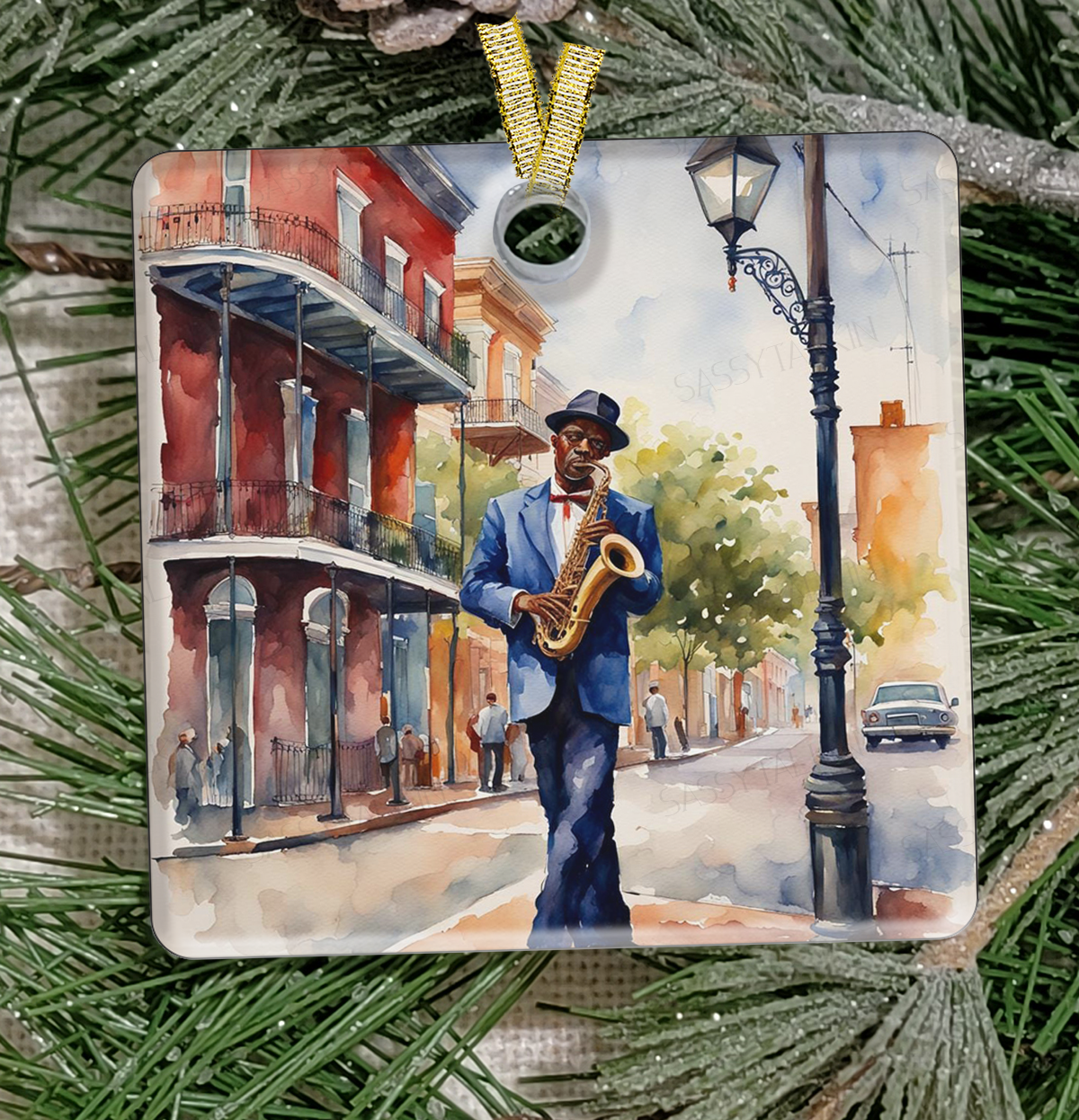 Christmas Ornament, New Orleans, Frosted Acrylic, Jazz Player