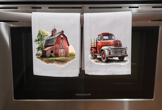 Country, Dish Towel, Farm Life, Barn, Red Truck, Chicken Coup, Cow, Horses and Pigs