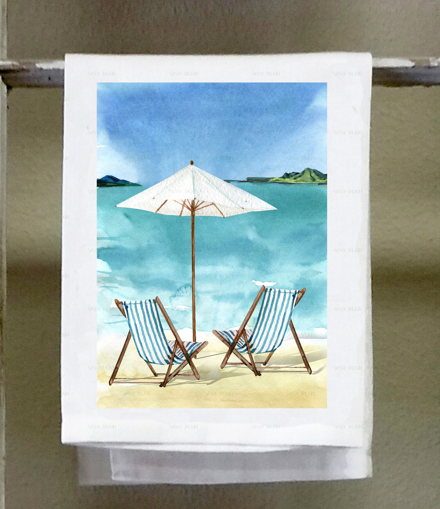 Beach, Dish Towel, Beach Lounge Chairs and Palm Tree and Wood Sign