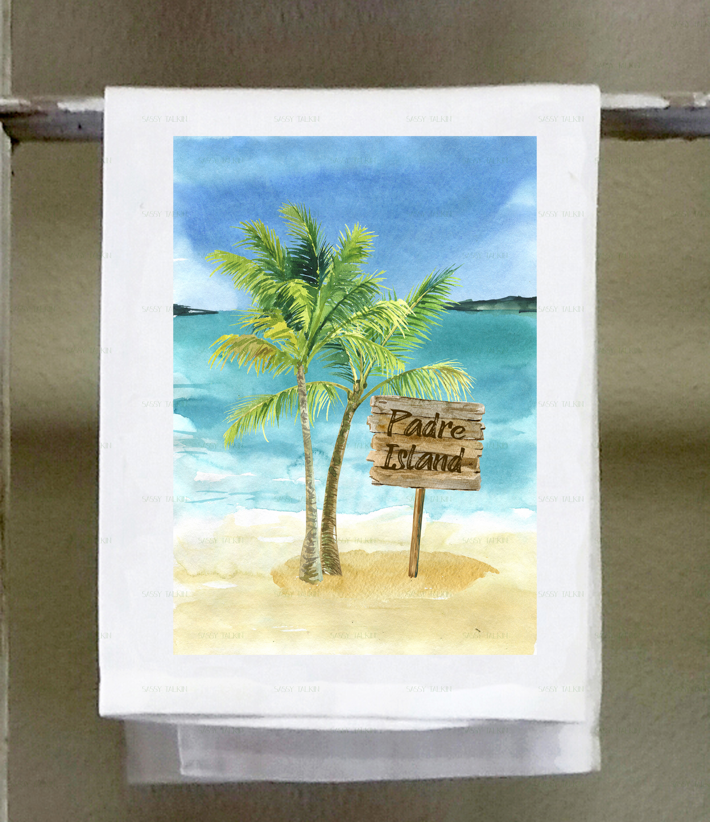 Beach, Dish Towel, Beach Lounge Chairs and Palm Tree and Wood Sign