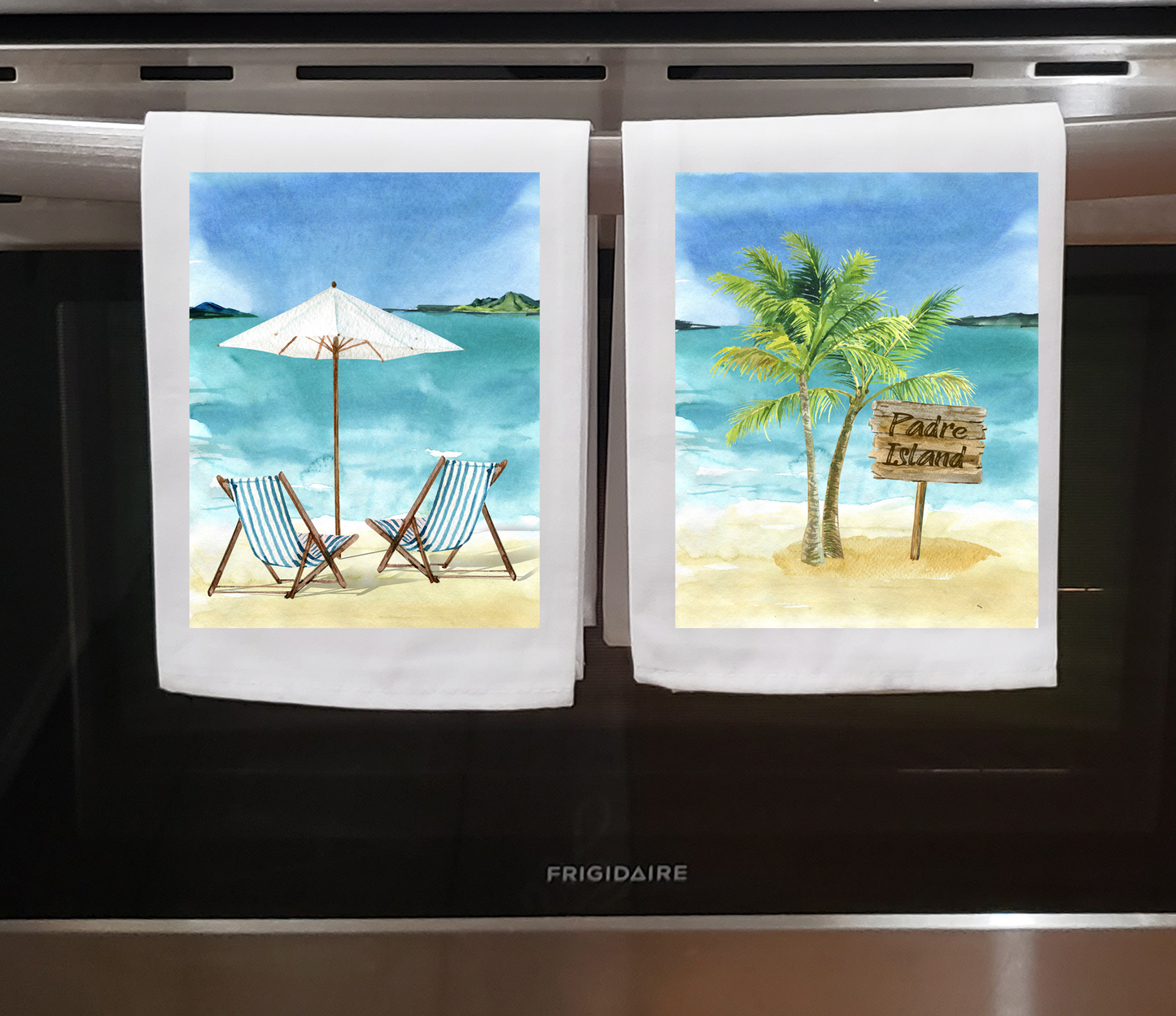 Beach, Dish Towel, Beach Lounge Chairs and Palm Tree and Wood Sign