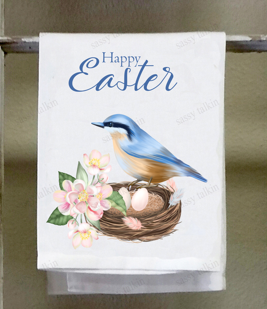 Easter Dish Towel, Happy Easter Bluebird and nest