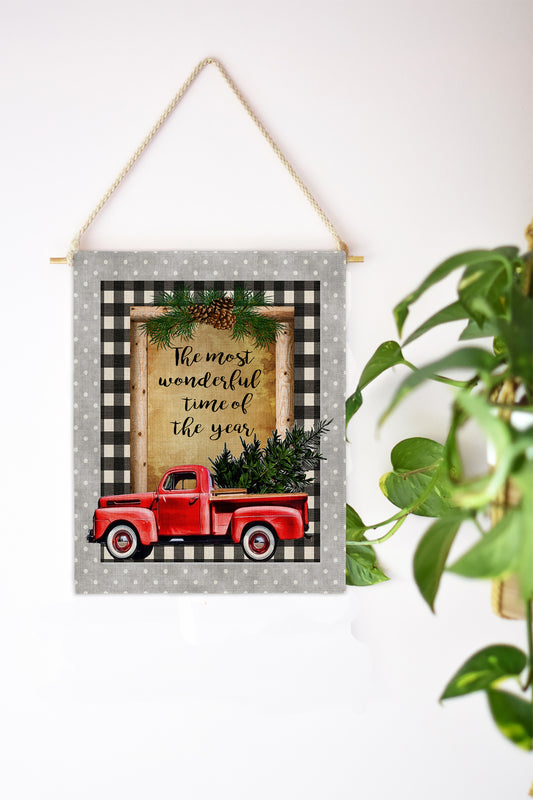 Wall Door Hanging Christmas Black & White Buffalo Plaid Red truck