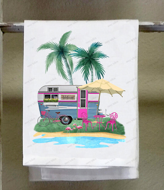 Camper Dish Towel, Camper, teal retro with flamingos