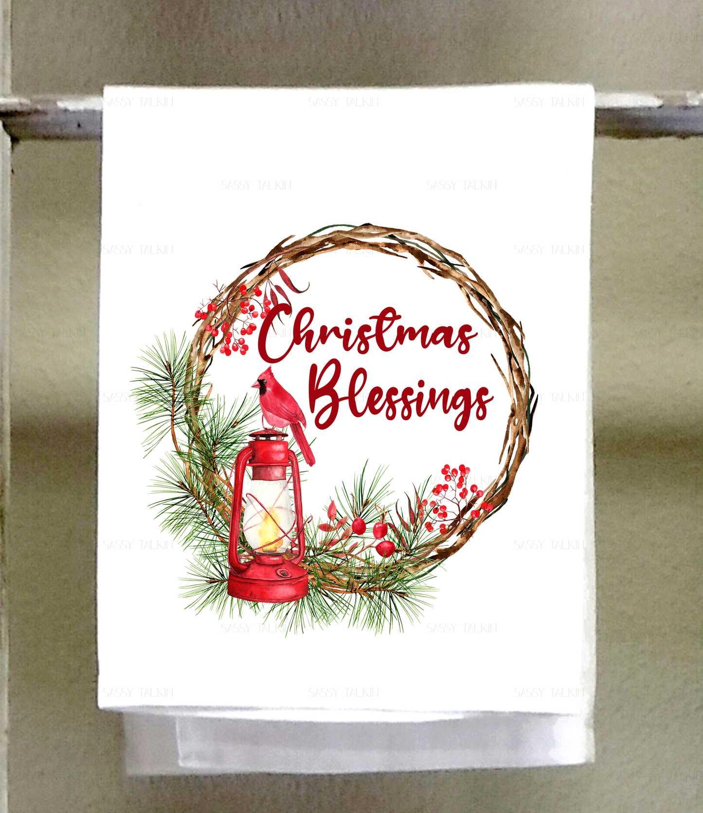 Christmas, Dish Towel, Cardinal wreath and lantern, Christmas Blessings