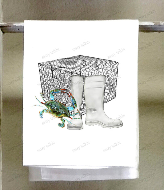 Kitchen towel, Blue Crab and crab trap with white shrimp boots