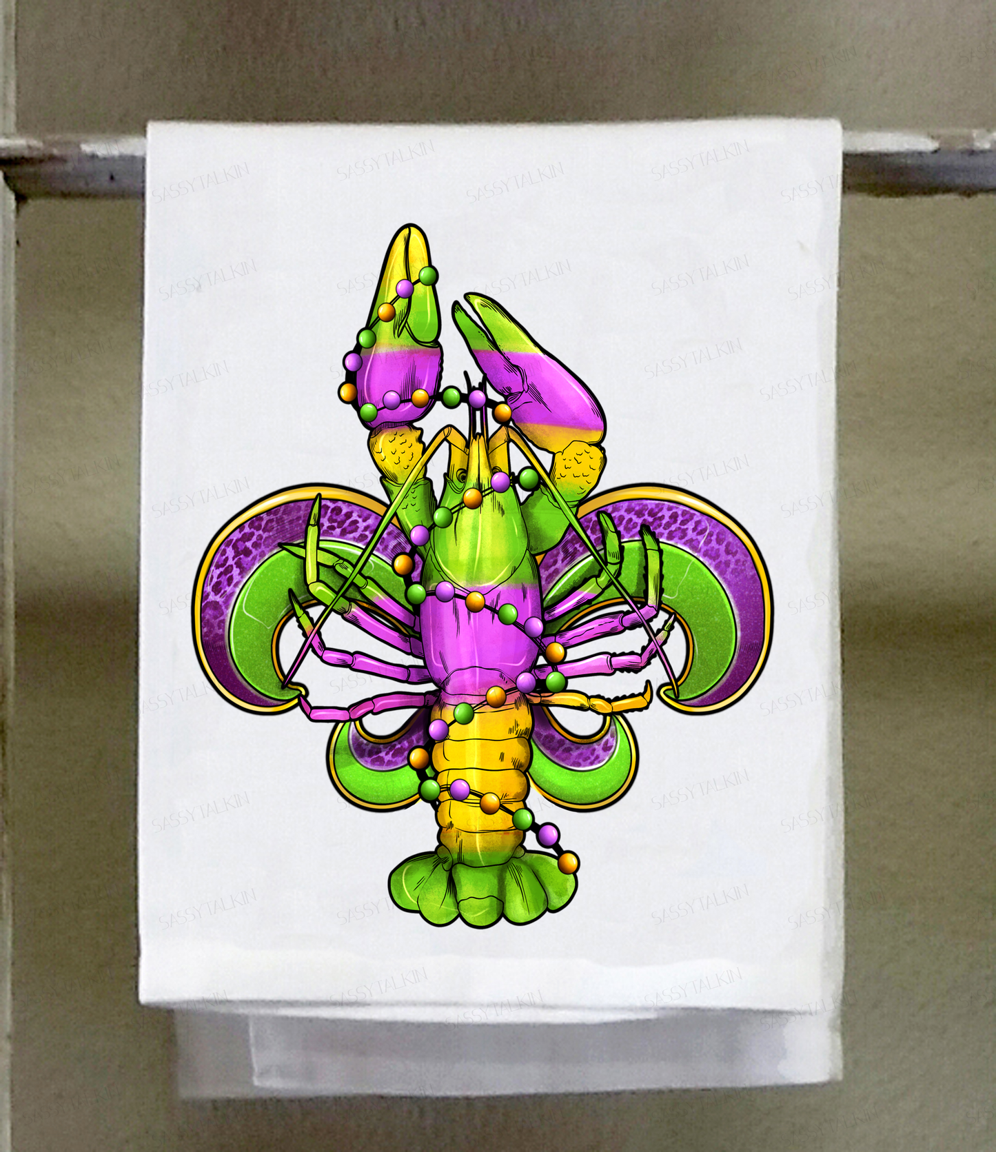 Dish Towel, Mardi Gras Crawfish, Purple Green and Gold