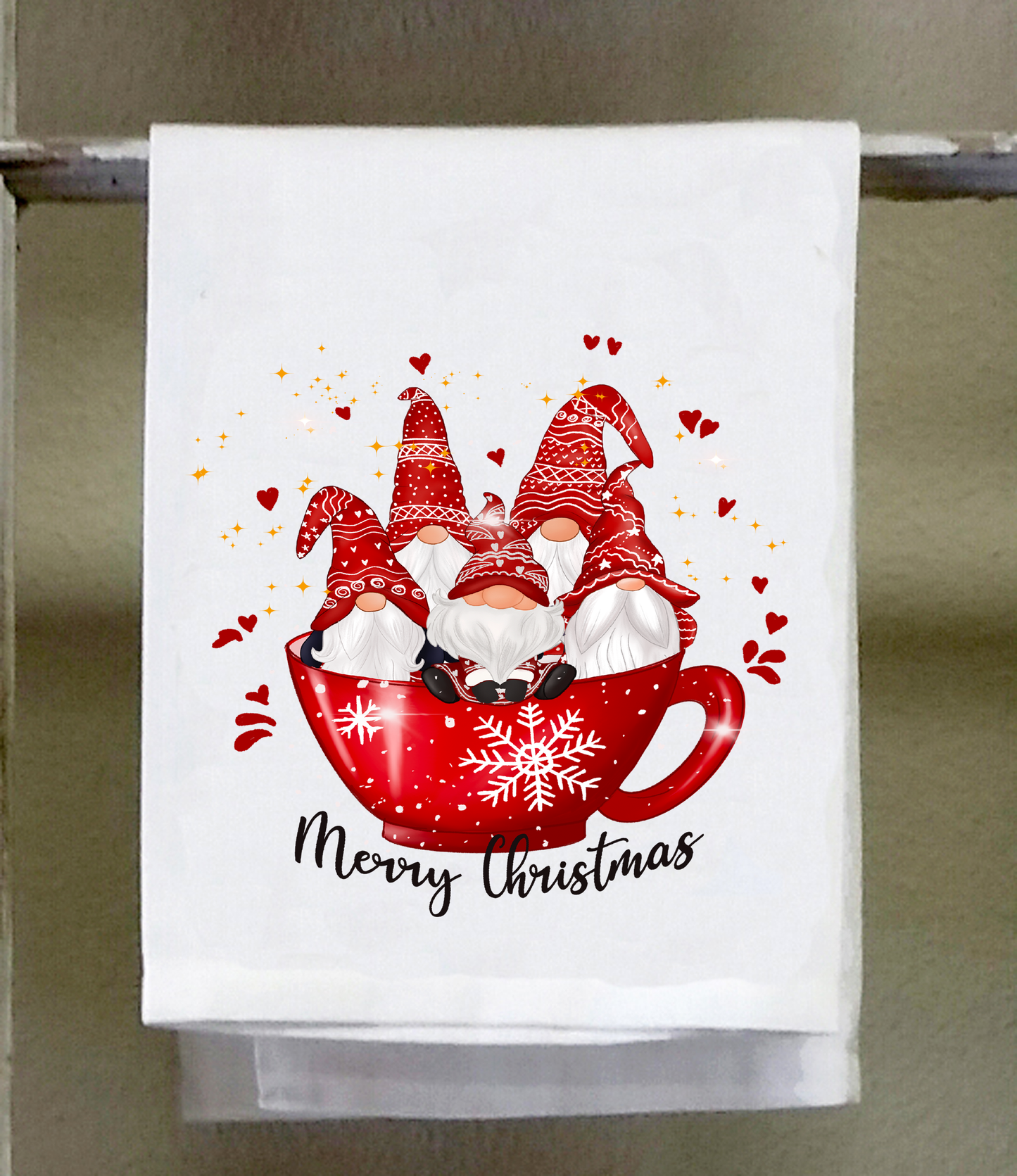 Dish Towel, Christmas, Gnomes in red coffee cup