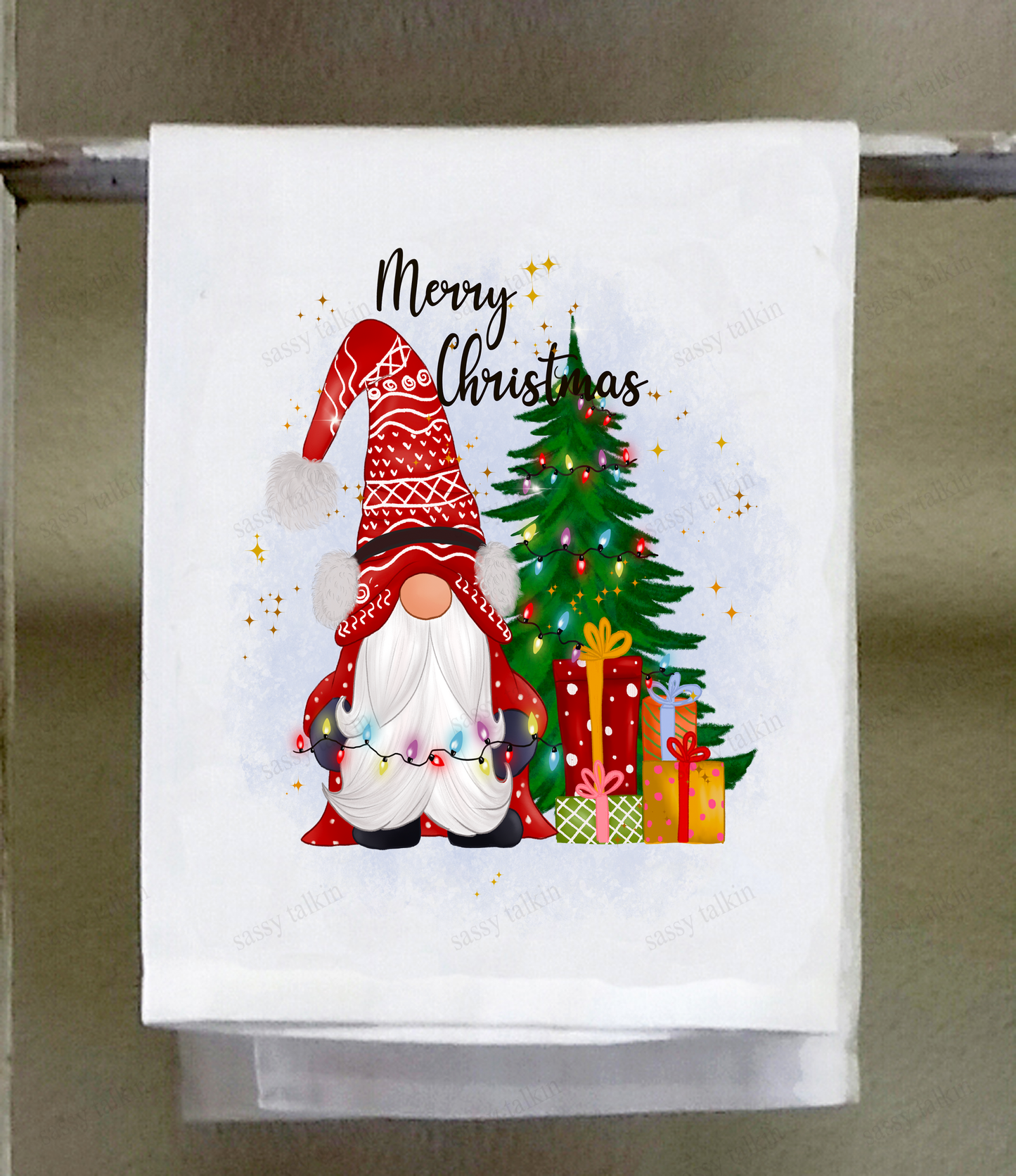 Dish Towel, Christmas, Gnome with Christmas tree, red