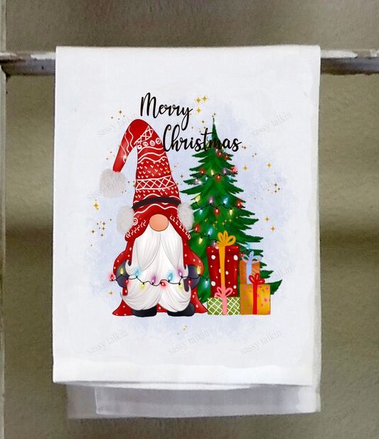 Dish Towel, Christmas, Gnome with Christmas tree, red