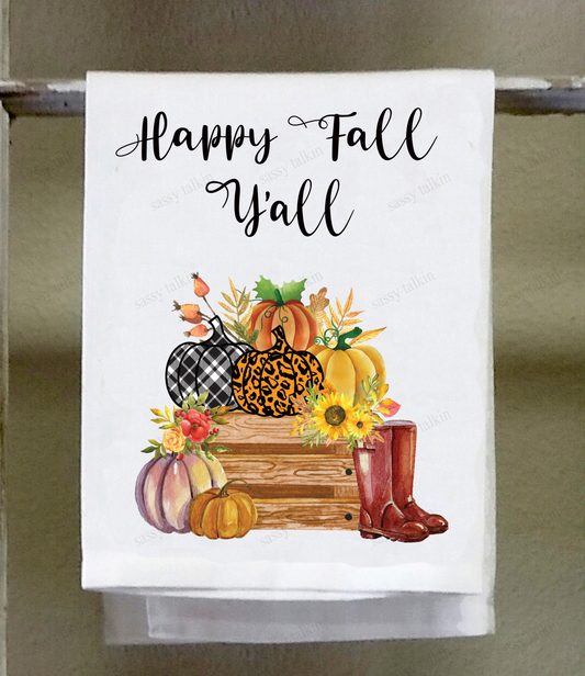 Fall Dish Towel, Happy Fall Ya'll boots and pumpkins