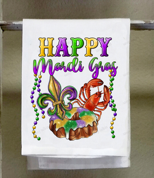 Mardi Gras Dish Towel, Happy Mardi Gras, Kingcake Fleur de lis and crawfish