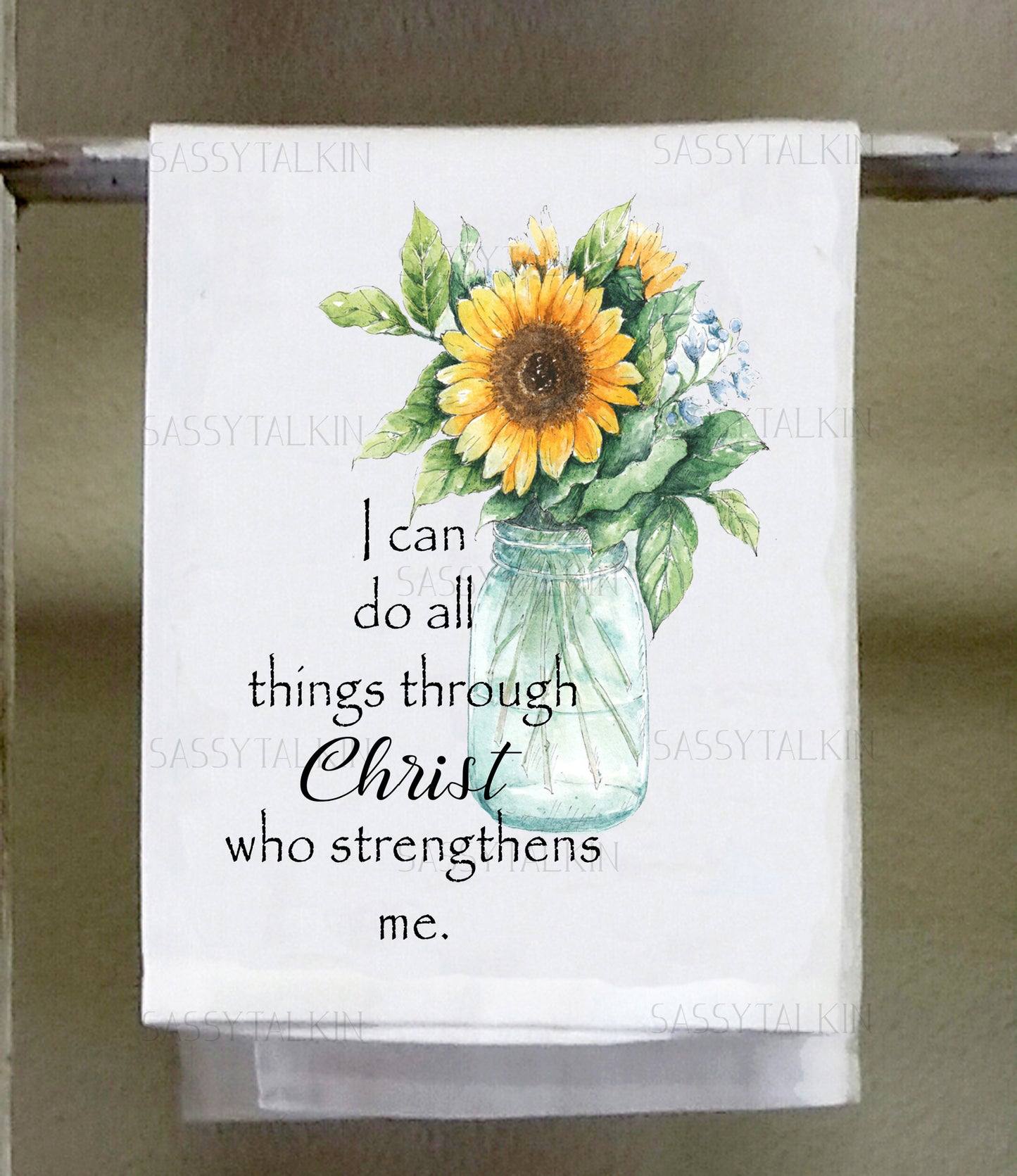 Dish Towel, I can do all things through Christ who strengthens me, Sunflower