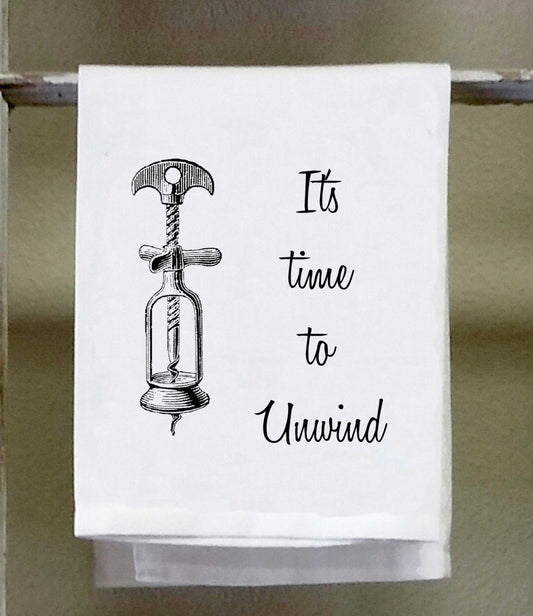 Wine Corkscrew Kitchen Towel, Dish Towel, Bar Towel, "It's time to unwind"