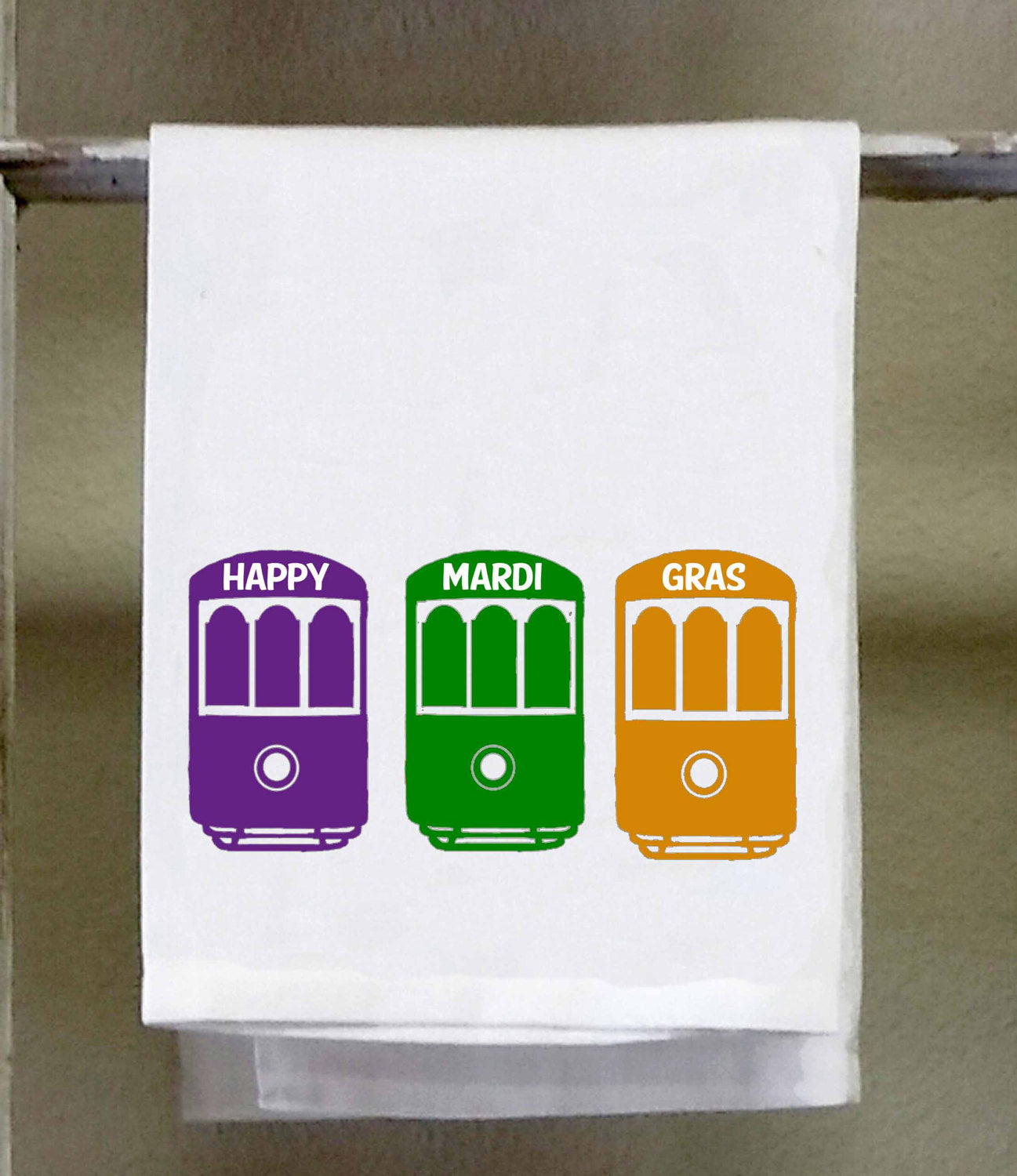 Mardi Gras Purple Green Gold Streetcar Silhouette, Kitchen Towel, Dish Towel, Bar Towel, New Orleans, Carnival, Fat Tuesday