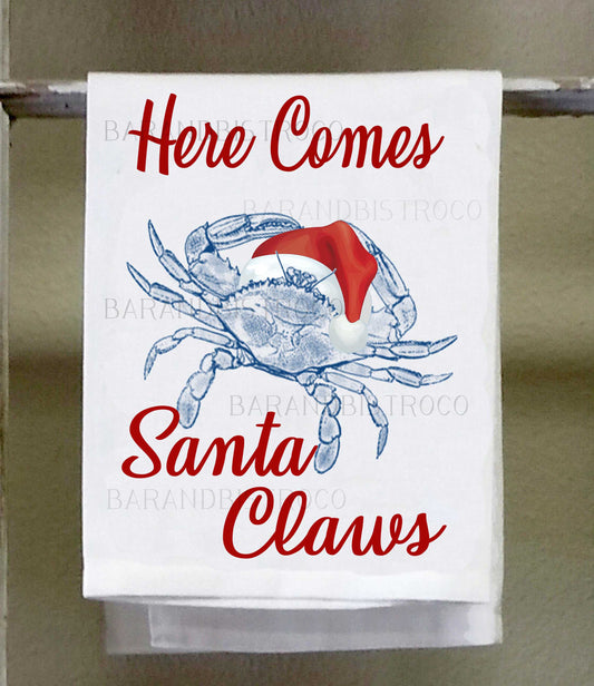 Crab, Christmas Dish Towel, Here comes Santa Claws