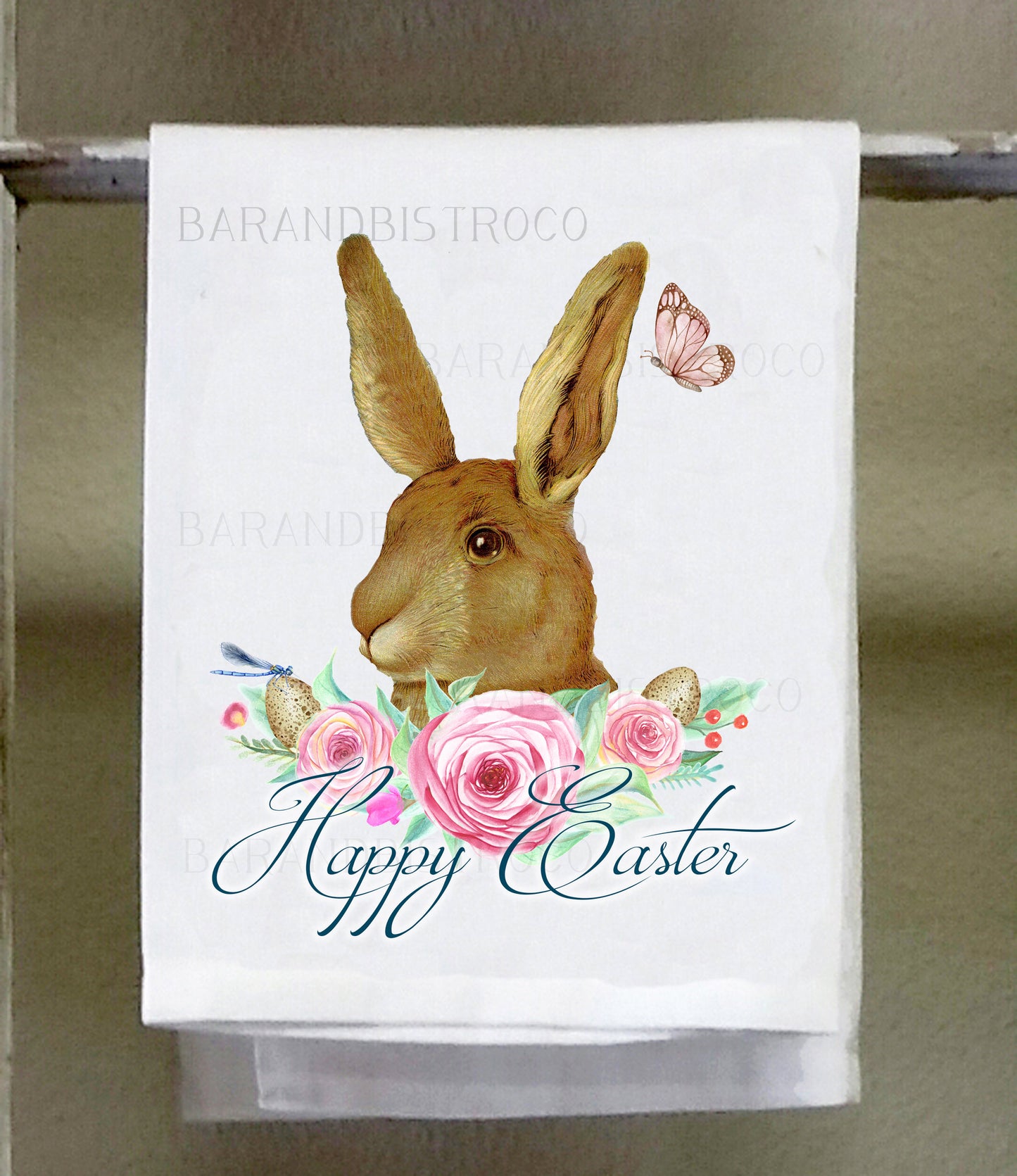 Easter Dish Towel, Brown Rabbit Happy Easter ,butterfly