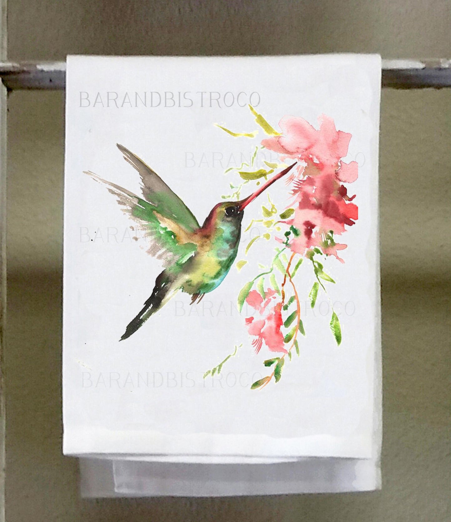 Bird Dish towel, Hummingbird with pink flowers