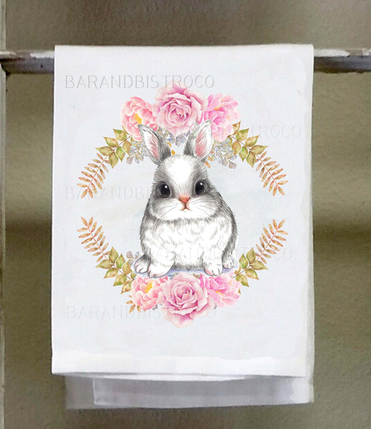 White Rabbit roses wreath, Easter Kitchen Towel,Dish Towel, decorative dish towel, pink roses on wreath, cute bunny, easter decoration