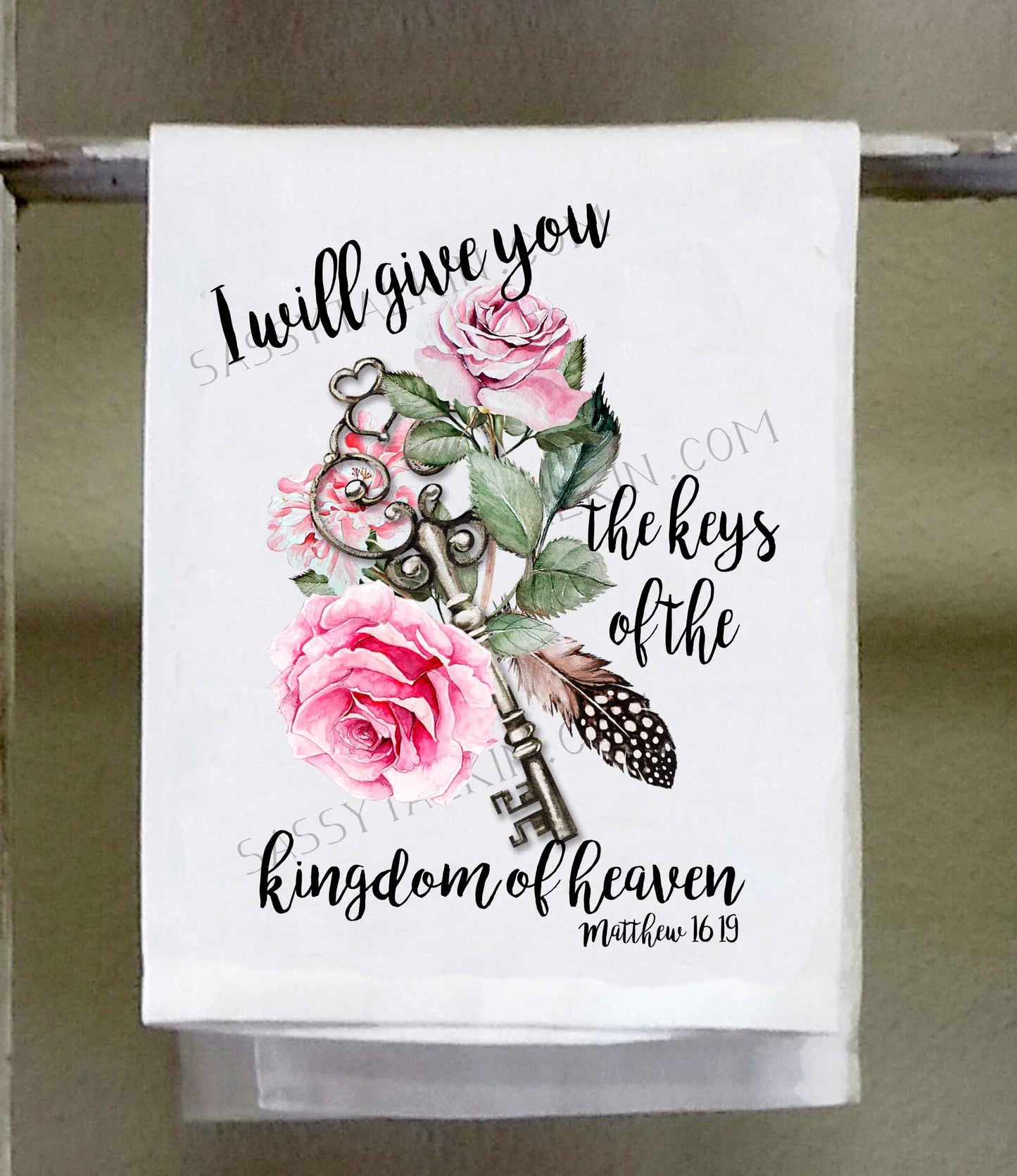 I will give you the keys of the kingdom of heaven, roses, feather, key, Kitchen Towel, Dish Towel, black lettering on white towel