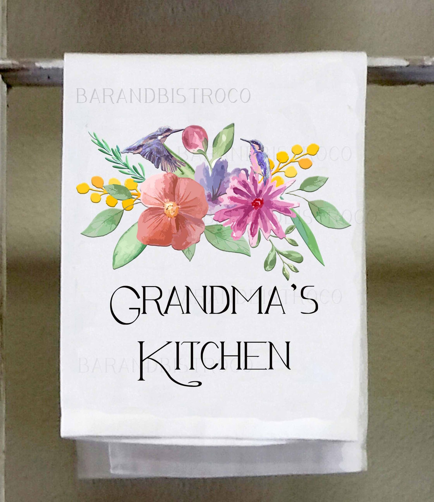 Hummingbird flowers ,Grandma, Gigi, Mimi, Nana, Nanny's Kitchen  Personalized Dish Towel you choose, watercolor flowers